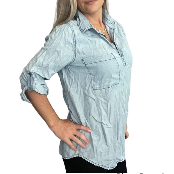 Skies are blue chambray denim pullover top - Picture 1 of 7